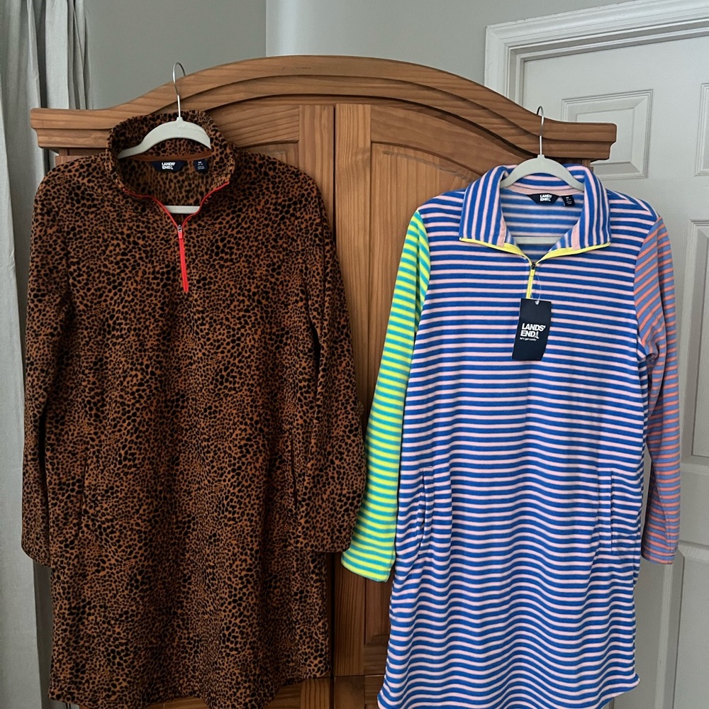 Lands' End Long Sleeve Fleece dresses Leopard print and Multi-stripe